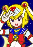 1girl :d android aoihito72 bishoujo_senshi_sailor_moon blonde_hair blue_eyes blue_sailor_collar bow bowtie breasts cosplay crescent double_bun elbow_gloves gloves hair_bun hand_up helmet highres leviathan_(mega_man) looking_at_viewer magical_girl mega_man_(series) mega_man_zero moon night night_sky open_mouth red_bow red_bowtie robot robot_girl sailor_collar sailor_moon sailor_senshi_uniform school_uniform serafuku shirt short_sleeves sky smile star_(sky) starry_moon starry_sky tsukino_usagi twintails upper_body v white_gloves 