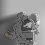  1boy adeptus_astartes armor blood blood_on_face doll english_commentary greyscale helm helmet highres holding holding_doll imperium_of_man mick19988 monochrome pauldrons power_armor salamanders shoulder_armor space_marine stuffed_toy warhammer_40k 