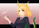  1girl antlers blonde_hair character_request copyright_request dragon_tail formal highres kicchou_yachie okina_0202 red_eyes red_tie smoking_pipe suit tail touhou 