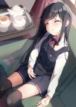  1girl asashio_(kancolle) asashio_kai_ni_(kancolle) black_dress black_hair black_thighhighs closed_eyes collared_shirt commentary_request couch cup dress dress_shirt feet_out_of_frame from_above highres kantai_collection long_hair long_sleeves neck_ribbon numao178 pinafore_dress red_ribbon ribbon shirt sitting sleeping solo tea_set teacup teapot thigh-highs white_shirt 