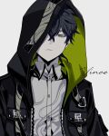  1boy artist_name black_clover black_hair black_jacket collared_shirt highres hood hooded_jacket jacket looking_at_viewer messy_hair pale_skin prayudi555 shirt signature solo white_background yellow_eyes yuno_(black_clover) 