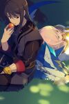  1girl black_hair dog echo_(circa) estellise_sidos_heurassein jewelry long_hair pink_hair repede_(tales) short_hair tales_of_(series) tales_of_vesperia yuri_lowell 