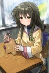  1girl bandages brown_eyes brown_hair carving clannad day highres hikarizaka_private_high_school_uniform ichinose_kotomi indoors long_hair long_sleeves school_uniform sitting solo sonchi wood_carving_tool 