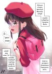  1girl artist_logo artist_name backpack bag brown_eyes brown_hair dress glasses hat highres jacket long_hair lusan666 open_mouth original pink_bag pink_dress red_headwear red_jacket speech_bubble thai_commentary thai_text translation_request 