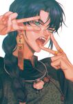  1boy absurdres bangs black_hair blue_eyes braid chinese_clothes double_v duanduan earrings fangs hands_up highres jewelry long_hair male_focus necklace open_mouth original parted_bangs ring simple_background solo upper_body v white_background 