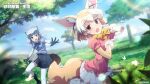  2girls animal_ears artist_request black_bow black_bowtie black_footwear black_skirt blonde_hair blue_shirt blue_sky blush boots bow bowtie brown_eyes bug bush butterfly clouds common_raccoon_(kemono_friends) elbow_gloves fading fennec_(kemono_friends) flower gloves grass grey_hair kemono_friends kemono_friends_kingdom leggings light_blue_shirt medium_hair multicolored_hair multiple_girls neck_fur open_mouth open_smile personification pink_sweater puffy_short_sleeves puffy_sleeves raccoon_ears raccoon_tail rock shirt short_hair short_sleeves skirt sky smile sweater tail thigh-highs translation_request tree white_footwear white_hair white_leggings white_skirt yellow_bow yellow_bowtie yellow_flower 