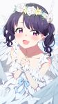  1girl angel_wings bangs black_hair blush commentary_request dress fangs flower_wreath frilled_dress frills fukumaru_koito highres idolmaster idolmaster_shiny_colors jewelry looking_at_viewer necklace open_mouth reikakrzk skin_fangs swept_bangs twintails violet_eyes white_dress wings 