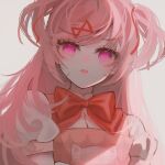  1girl :o alternate_hair_length alternate_hairstyle bangs bow bowtie doki_doki_literature_club hair_ornament hair_ribbon hairclip highres long_hair looking_at_viewer natsuki_(doki_doki_literature_club) pink_eyes pink_hair portrait puffy_short_sleeves puffy_sleeves red_bow red_bowtie ribbon shirt short_sleeves simple_background solo swept_bangs twintails white_background white_shirt wny_(wnys_art) 