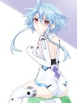 1girl ahoge ass back blue_hair gloves highres leotard long_hair looking_at_viewer neptune_(series) paid_reward_available power_symbol red_eyes short_hair_with_long_locks sitting solo symbol-shaped_pupils white_heart wings zatsu 