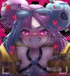  1girl absurdres aqua_hair bangs bare_shoulders blush bow-shaped_hair breasts character_hair_ornament clenched_teeth collarbone glitch grey_shirt hair_ornament haronin_fukke heart heart_in_eye hexagon_print highres iono_(pokemon) jacket looking_at_viewer magnemite multicolored_hair oversized_clothes pink_eyes pink_hair pokemon pokemon_(game) pokemon_sv portrait sharp_teeth shirt sleeveless sleeveless_shirt solo split-color_hair sweatdrop symbol_in_eye teeth two-tone_hair x yellow_jacket 