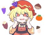  1girl aki_minoriko apron blonde_hair blush chestnut collared_shirt drooling food fried_rice0614 fruit fruit_hat_ornament grape_hat_ornament grapes hat hat_ornament long_sleeves mob_cap mouth_drool mushroom one-hour_drawing_challenge open_mouth persimmon red_apron red_eyes red_headwear shirt short_hair simple_background solo sweet_potato touhou upper_body white_background yellow_shirt 