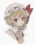  1girl ascot bangs blonde_hair blush cropped_shoulders fang flandre_scarlet frilled_shirt_collar frills gensou_aporo grey_background hair_between_eyes hat hat_ribbon highres looking_at_viewer mob_cap open_mouth pointy_ears red_eyes red_ribbon ribbon short_hair signature simple_background solo teeth touhou upper_body upper_teeth white_background white_headwear yellow_ascot 