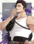  1boy akirata_(mnm001) belt black_bull_(emblem) black_capelet black_clover brown_belt capelet cigarette facial_hair grey_eyes highres holding holding_cigarette looking_to_the_side messy_hair muscular muscular_male smoking solo stubble tank_top white_tank_top yami_sukehiro 