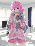  1girl ahoge bangs bedroom blue_hair blunt_bangs colored_inner_hair highres hololive indoors jacket long_hair long_sleeves loungewear messy_hair minato_aqua multicolored_clothes multicolored_hair multicolored_jacket neko_(minato_aqua) norio_(noriosub) pink_jacket purple_hair rubbing_eyes shorts streaked_hair striped striped_jacket two-tone_hair two-tone_jacket violet_eyes virtual_youtuber waking_up 