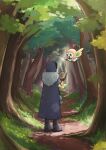  1girl amphibia black_footwear black_hair blue_cape boots byubiyubi cape from_behind grass highres holding holding_notebook hood hood_up leaf marcy_wu notebook patch plant pokemon pokemon_(creature) rowlet shadow short_hair short_sleeves solo tree wide_shot 