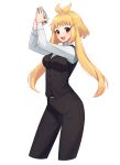  1girl :d absurdres arms_up bangs belt belt_buckle black_belt black_pants black_vest blonde_hair breasts brown_eyes buckle cocktail_shaker collared_shirt commission copyright_request cropped_legs highres holding long_hair long_sleeves medium_breasts pants sakura_chiyo_(konachi000) shirt simple_background smile solo teeth thick_eyebrows upper_teeth very_long_hair vest virtual_youtuber white_background white_shirt 