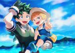  2boys :d arm_up bag blue_footwear blue_overalls blue_sky blurry blurry_background boku_no_hero_academia brown_eyes brown_hair carrying carrying_person clouds curly_hair double_horizontal_stripe floating_hair foot_out_of_frame freckles gloves green_eyes green_gloves green_hair happy highres holding_strap keta_(peeepeenope) looking_afar male_child male_focus midoriya_izuku mountain mountainous_horizon multiple_boys ocean open_hand open_mouth outstretched_arm overalls pointing sandals satchel shimano_katsuma shirt short_sleeves shoulder_bag sky smile suspenders t-shirt teeth toeless_footwear two-tone_gloves upper_body upper_teeth white_gloves white_shirt yellow_bag 