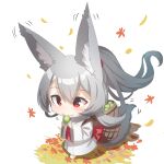  1girl animal_ear_fluff animal_ears autumn_leaves bangs barefoot basket chibi commentary_request eating food food_request fox_ears fox_girl fox_tail full_body grey_hair hair_between_eyes highres holding holding_food japanese_clothes kimono leaf long_sleeves looking_away maple_leaf motion_lines obi original ponytail red_eyes sash simple_background solo tail walking white_background white_kimono wide_sleeves yuuji_(yukimimi) 