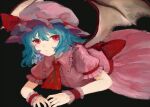  1girl aqua_hair ascot back_bow bangs bat_wings black_background bow closed_mouth commentary_request dress hair_between_eyes hat hat_ribbon highres looking_at_viewer lying medium_hair mob_cap on_stomach pink_dress pink_headwear puffy_short_sleeves puffy_sleeves red_ascot red_bow red_eyes red_ribbon remilia_scarlet ribbon shino_(mdlm_bl) short_sleeves simple_background solo touhou wings wrist_cuffs 