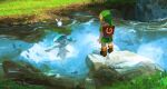  1boy 1girl blonde_hair fish grass green_headwear green_tunic jasqreate link looking_at_another navi pointy_ears pond princess_ruto shield smile swimming sword the_legend_of_zelda the_legend_of_zelda:_ocarina_of_time violet_eyes weapon 