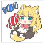  1girl ahoge animal_ear_fluff animal_ears apron bangs black_dress black_footwear blonde_hair blush_stickers bow candy chibi colored_inner_hair dress fangs food fox_ears fox_girl fox_tail fuwafuwa-chan_(kamiyoshi_rika) kamiyoshi_rika long_hair maid maid_apron multicolored_hair open_hands open_mouth original red_bow simple_background sitting smile solo tail thigh-highs white_background white_thighhighs 