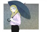  1girl blonde_hair blue_eyes english_commentary grey_sky holding holding_umbrella jacket long_hair looking_at_viewer original outdoors parted_lips pink_jacket pocket rain robomi_os standing umbrella 