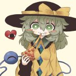  black_headwear breasts bright_pupils buttons diamond_(shape) diamond_button eating fang fang_out food green_eyes green_hair hat heart highres holding holding_food holding_pizza komeiji_koishi long_sleeves medium_hair pizza pizza_slice ribbon shirt simple_background sleeves_past_wrists small_breasts third_eye touhou white_pupils yellow_ribbon yellow_shirt zunusama 