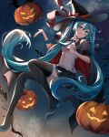  1girl aqua_hair bat_(animal) black_cape black_skirt black_thighhighs blue_eyes blue_hair boots breasts cape closed_mouth halloween hat hatsune_miku highres jack-o&#039;-lantern long_hair noizu_(noi_hr) pumpkin red_cape shirt skirt smile solo thigh-highs thigh_boots twintails upper_body very_long_hair vocaloid white_shirt witch_hat 