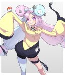 1girl bow-shaped_hair character_hair_ornament grey_pantyhose hair_ornament hexagon_print highres iono_(pokemon) jacket oversized_clothes pantyhose pokemon pokemon_(game) pokemon_sv sharp_teeth single_leg_pantyhose sleeves_past_fingers sleeves_past_wrists sushi_no_ikari teeth twintails very_long_sleeves x yellow_jacket