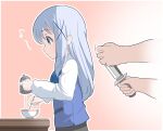  1boy 1girl apron black_skirt blue_apron blue_bow blue_eyes blue_hair bow closed_mouth cup gochuumon_wa_usagi_desu_ka? gradient gradient_background hair_ornament highres holding holding_jug holding_knife imminent_death kafuu_chino knife light_blue_hair milk minato_nao musical_note out_of_frame outline profile rabbit_house_uniform raised_eyebrows simple_background size_difference skirt smile stirring stirring_rod teacup translation_request translucent_hair whistling white_outline x_hair_ornament 