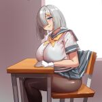  1girl black_pantyhose blue_eyes breasts chair desk gloves grey_hair grey_skirt hair_ornament hair_over_one_eye hairclip hamakaze_(kancolle) highres huge_breasts kantai_collection looking_at_viewer miniskirt neckerchief on_chair pantyhose pleated_skirt school_chair school_desk school_uniform serafuku short_hair short_sleeves simplecar sitting skirt smile solo white_gloves yellow_neckerchief 