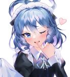  1girl ;d blue_hair drill_locks hair_rings heart highres j_(ppxx3543) kaku_seiga looking_at_viewer maid maid_headdress one_eye_closed open_mouth short_hair simple_background smile solo touhou upper_body white_background 