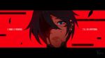  android black_hair blood blood_on_face blue_eyes damaged elster_(signalis) english_text glowing glowing_eyes highres joints koyorin looking_at_viewer mechanical_parts red_background robot_joints signalis 