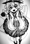  1girl bangs chinese_commentary commentary_request from_above greyscale hat heart heart-shaped_pupils high_contrast highres komeiji_koishi long_sleeves monochrome open_mouth pen_(medium) pleated_skirt short_hair skirt smile solo symbol-shaped_pupils tailesituo touhou traditional_media 