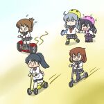  &gt;_&lt; :3 akatsuki_(kancolle) apron black_hair black_hakama black_pantyhose black_sailor_collar black_skirt black_socks brown_eyes brown_hair chibi closed_eyes commentary_request elbow_pads fang ferret-san folded_ponytail grey_eyes grey_hair hakama hakama_skirt helmet hibiki_(kancolle) houshou_(kancolle) ikazuchi_(kancolle) inazuma_(kancolle) inline_skates japanese_clothes kantai_collection kappougi kick_scooter kimono knee_pads long_hair musical_note neckerchief pantyhose pink_kimono pleated_skirt ponytail red_neckerchief roller_skates sailor_collar sandals scared school_uniform segway serafuku short_hair simple_background skates skin_fang skirt smile socks solo white_background 