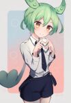  1girl black_necktie black_shorts blush collared_shirt green_hair hair_between_eyes hands_up heart heart_hands highres lmnd888 long_sleeves necktie orange_eyes shirt shorts smile solo suspender_shorts suspenders voicevox zundamon 