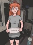  1girl arekkusudesu black_shorts blue_eyes breasts grey_shirt highres long_hair looking_at_viewer medium_breasts meme neon_genesis_evangelion non-web_source reddit redhead self_upload shirt shorts souryuu_asuka_langley twintails 