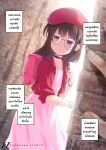  1girl 1other backpack bag brown_eyes closed_mouth dress earrings glasses highres jacket jewelry long_hair lusan666 original pink_bag pink_dress red_headwear red_jacket stalking thai_commentary thai_text translation_request wristband 