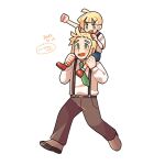  2boys :d aged_down blonde_hair blush brown_footwear brown_pants collared_shirt commentary_request daifuku_(pokefuka_art) dated father_and_son gladion_(pokemon) green_eyes green_necktie long_sleeves male_focus mohn_(pokemon) multiple_boys necktie open_mouth pants pokemon pokemon_(game) pokemon_sm red_footwear shirt shoes short_hair shorts smile speech_bubble suspenders tongue white_shirt 
