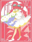  ace_attorney bangs blue_eyes bouquet bow closed_mouth dress drill_hair flower gloves goggles goggles_on_head hair_rings holding holding_bouquet iris_wilson looking_at_viewer pink_hair puffy_short_sleeves puffy_sleeves shino_bunnys short_sleeves smile the_great_ace_attorney white_dress white_gloves yellow_bow 