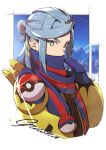  1boy absurdres character_name commentary grey_eyes grey_hair grusha_(pokemon) hands_up highres holding holding_poke_ball jacket long_hair long_sleeves looking_to_the_side male_focus mittens naijarski poke_ball poke_ball_(basic) pokemon pokemon_(game) pokemon_sv scarf scarf_over_mouth solo upper_body yellow_jacket 