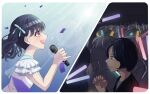  artist_request bangs black_hair commentary_request concert confetti fangs fukumaru_koito glowstick hair_ribbon highres holding holding_microphone idol idolmaster idolmaster_shiny_colors microphone nail_polish ribbon skin_fangs sweat twintails violet_eyes 