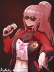  1girl absurdres aestheticc-meme artist_name cropped_shirt fingernails grin highres holding holding_microphone hololive hololive_english jacket jewelry long_hair microphone mori_calliope necklace pink_hair ponytail red_nails smile solo sparkle sunglasses upper_body virtual_youtuber 