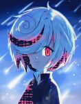  1girl hair_over_one_eye looking_at_viewer mumidraws night night_sky red_eyes sage_(sonic) shooting_star sky smile solo sonic_(series) sonic_frontiers white_hair 