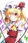  1girl ascot bangs blonde_hair blush closed_mouth collared_shirt commentary_request crystal flandre_scarlet frills hair_between_eyes hand_on_own_face hand_up hat hat_ribbon highres jewelry looking_at_viewer mob_cap multicolored_wings one_eye_closed one_side_up pointing puffy_short_sleeves puffy_sleeves red_eyes red_ribbon red_skirt red_vest ribbon shirt short_hair short_sleeves simple_background skirt skirt_set smile solo standing star_(symbol) suzuno_naru tongue tongue_out touhou vest white_background white_headwear white_shirt wings wrist_cuffs yellow_ascot 