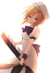  1girl absurdres back_bow bangs black_thighhighs blonde_hair blue_eyes bow bowtie crying dress front_slit hair_between_eyes highres higurashi_no_naku_koro_ni holding holding_weapon looking_at_viewer medium_hair nami_(snow) open_mouth purple_bow purple_bowtie ryuuguu_rena shiny shiny_clothes shiny_legwear short_sleeves simple_background solo standing tears thigh-highs weapon white_background white_dress 