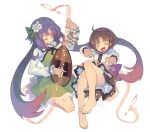  2girls barefoot biwa_lute brown_hair commentary_request feet fingernails flower hair_flower hair_ornament hairband highres instrument long_fingernails long_hair lute_(instrument) morino_hon multiple_girls music musical_note one_eye_closed open_mouth photoshop_(medium) playing_instrument purple_hair short_hair siblings sisters skirt smile touhou tsukumo_benben tsukumo_yatsuhashi twintails violet_eyes yellow_eyes 