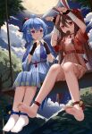  2girls absurdres ahoge alternate_costume animal_ears bangs barefoot blue_hair bridal_gauntlets brown_hair bunny_pose chinese_clothes clouds cloudy_sky commentary_request fake_animal_ears full_body full_moon ganyu_(genshin_impact) genshin_impact hair_between_eyes hairband hanfu highres horns hu_tao_(genshin_impact) knees_together_feet_apart long_hair long_sleeves looking_at_another looking_at_viewer moon mooncake mouth_hold multiple_girls night night_sky rabbit_ears red_eyes short_sleeves sidelocks sitting sitting_on_bench sky skym_(kumei) soles symbol-shaped_pupils twintails violet_eyes 