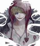  1boy black_fur blonde_hair coat coat_on_shoulders donquixote_rocinante fur_coat heart heart_print highres hood lipstick looking_at_viewer makeup male_focus muted_color one_piece pale_skin parted_lips red_eyes red_headwear red_hood rei_su shirt short_hair smoke solo twitter_username white_background 