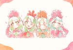  4girls ;d bangs blunt_bangs blush bow closed_eyes closed_mouth commentary_request dot_nose facing_viewer front_ponytail green_eyes green_hair hair_bow highres kagiyama_hina long_hair looking_at_viewer multiple_girls nig_18 one_eye_closed open_mouth petals red_bow red_ribbon ribbon smile split_mouth touhou traditional_media upper_body 
